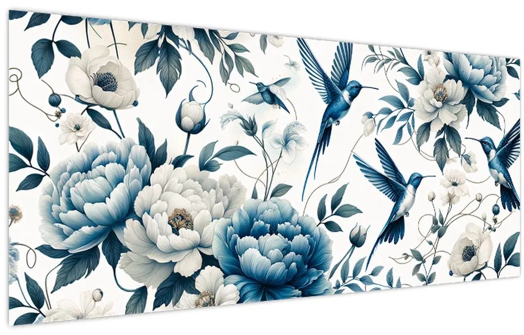 Obraz - Kolibríky s kvetmi (120x50 cm)
