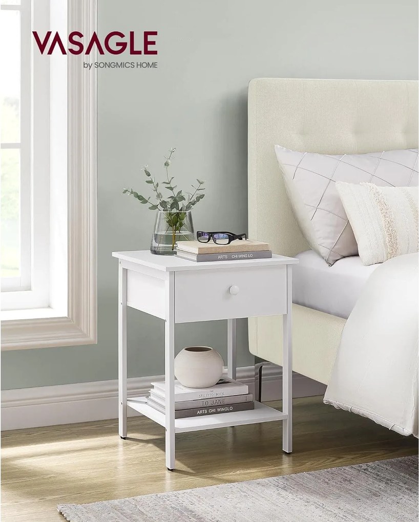 Nočný stolík, príručný stolík so zásuvkou a policou, matný biely