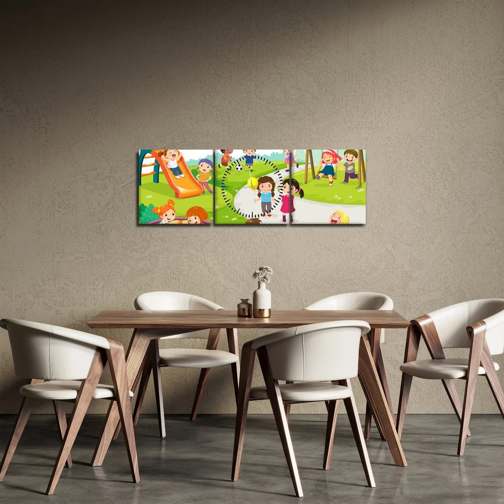 Obraz detských radovánok na pieskovisku (s hodinami) (90x30 cm)
