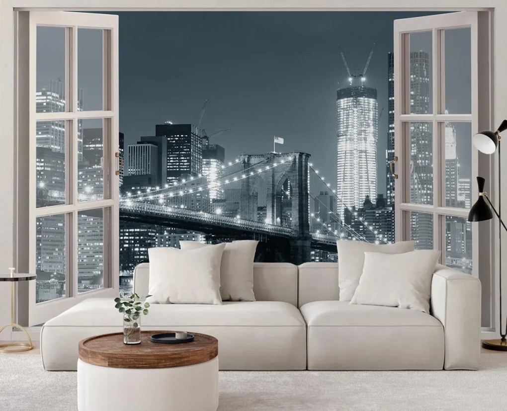 Fototapeta, Okno s pohledem na New York Brooklynský most černá bílá - 280x200 cm