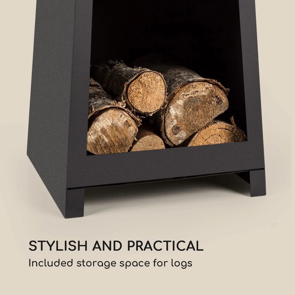 Blumfeldt Monument, záhradný krb, nehrdzavejúca oceľ, priestor na uskladnenie dreva, čierny
