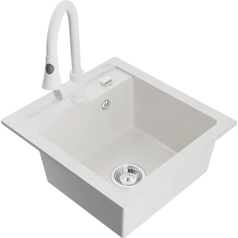 Mexen Vito, 1-komorový granitový drez 490x520x210 mm a drezová batéria Elia, biela, 6503-20-670101-20