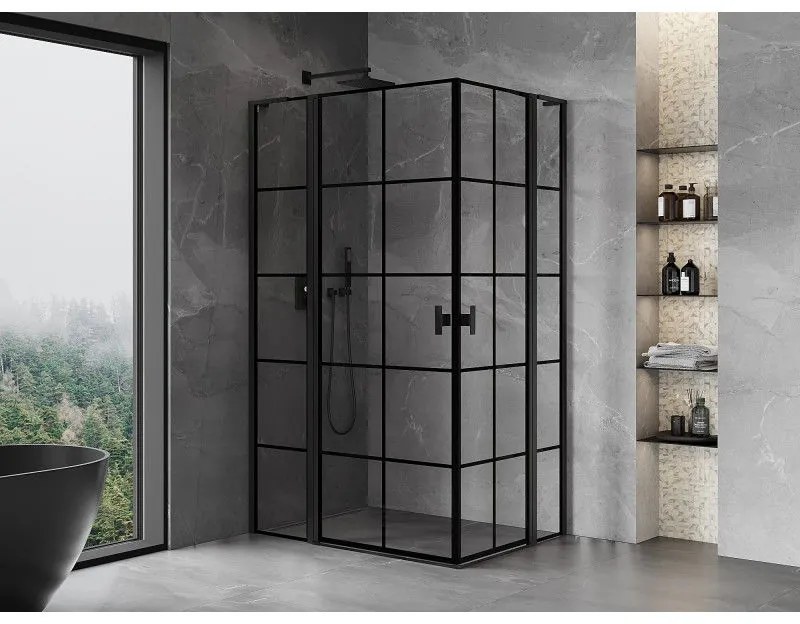 Mexen, Mexen Mist L Duo výklopný sprchový kút 95 x 90 cm, čierna mriežka - 8A4L-095L-090P-70-77