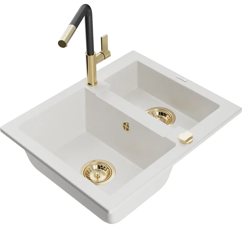 Mexen Carlos, 1,5-komorový granitový drez 582x475x177 mm a drezová batéria Flora, biela, 6518-20-670401-57-G