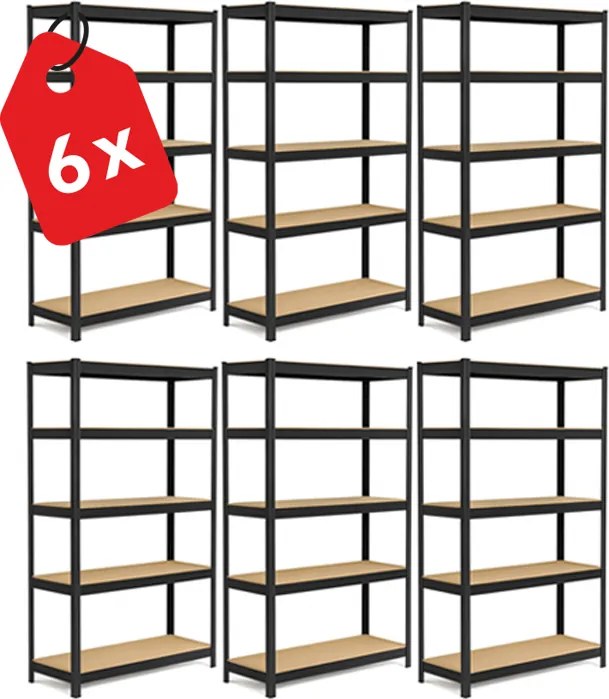 Akcia 6x Regál 180x90x30 cm lakovaný 5-policový, nosnosť 875 kg - čierny - 6ks