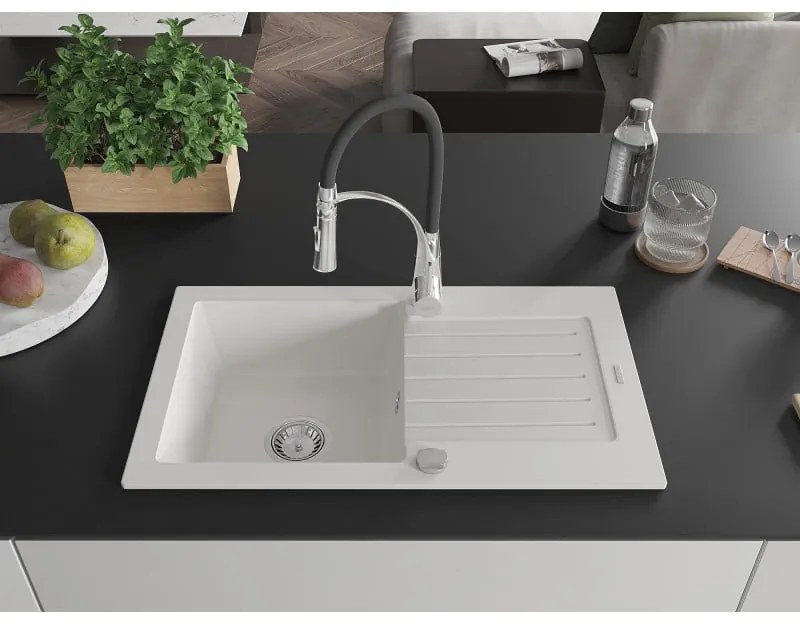 Mexen Pablo, 1-komorový granitový drez 752x436x161 mm a drezová batéria Aster, biela, 6510-20-73450-07