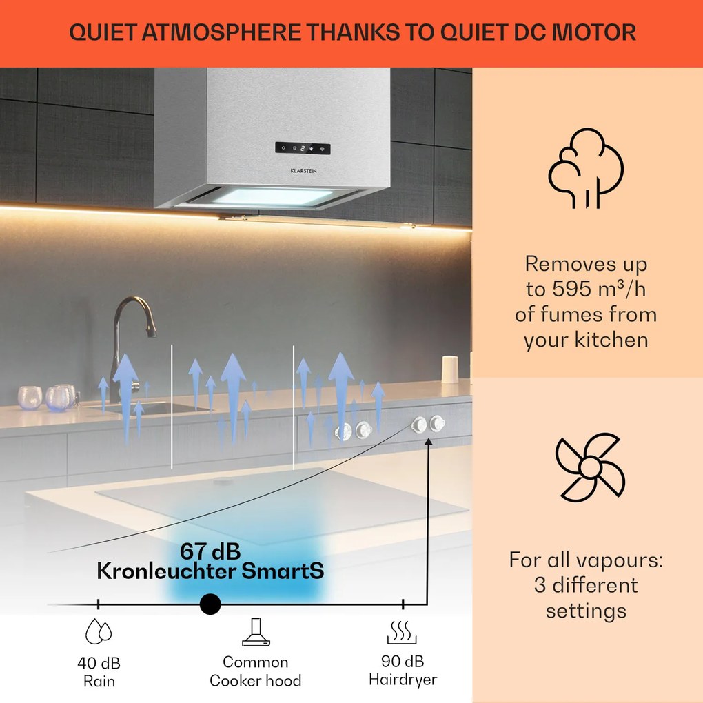 Kronleuchter Smart, digestor, 40 cm, ostrovčekový, 595 m³/h, ovládánie cez aplikáciu, LED panel, strieborný