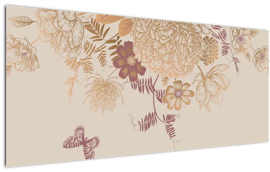 Obraz - Vintage kvety a motýle (120x50 cm)