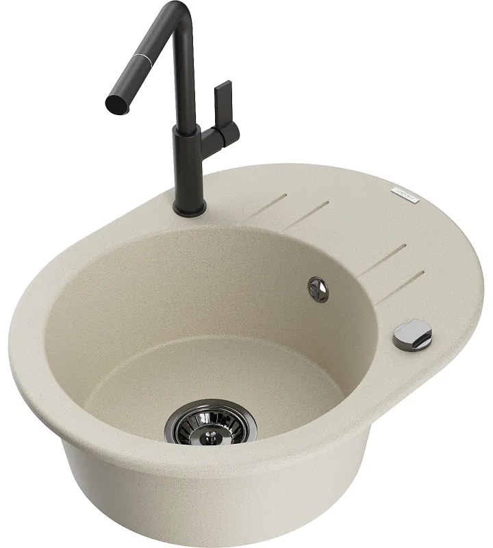 Mexen Kevin, 1-komorový granitový drez 586x458x190 mm a drezová batéria Flora, béžová, 6517-69-670401-70-B