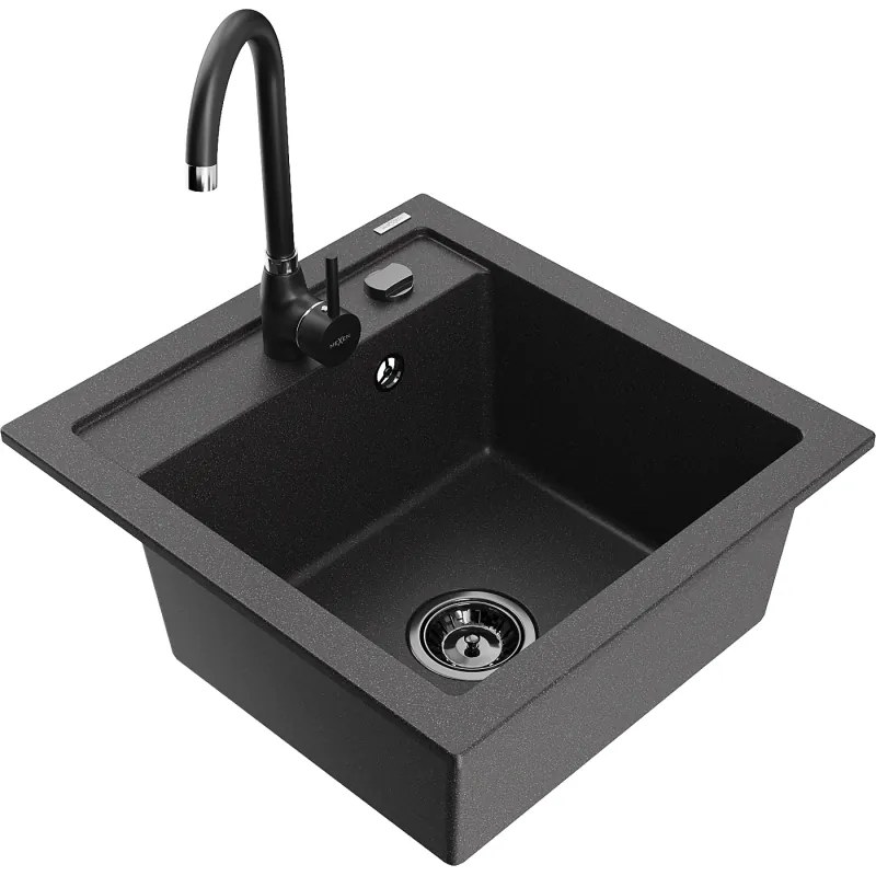 Mexen Vito, 1-komorový granitový drez 520x490x210 mm, čierna matná batéria Telma, čierna, 6503-76-670200-70-B