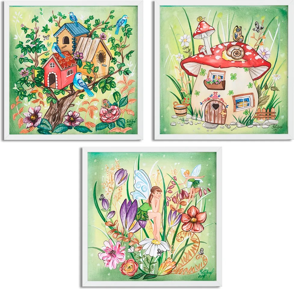 Rámované obrazy pre deti - Čarovný les 3ks - 30x30 cm