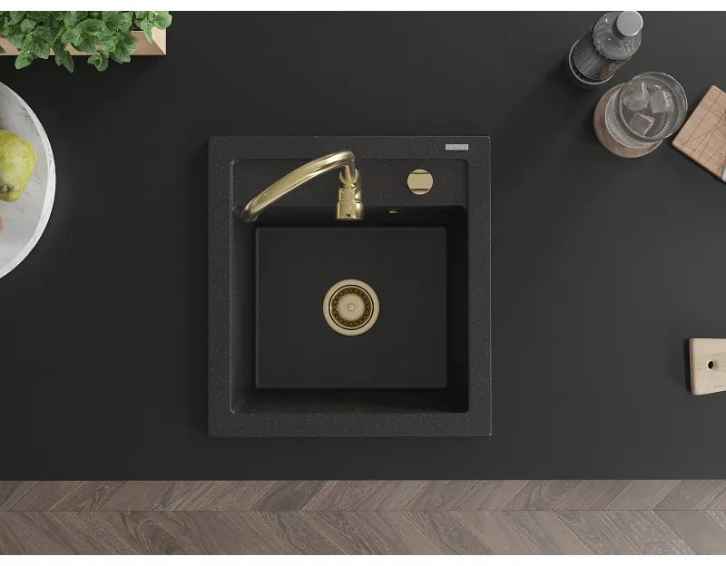 Mexen Vito, granitový drez 520x490x210 mm, 1-komorový, čierna-strieborná metalíza so zlatým sifónom, 6503521000-73-G
