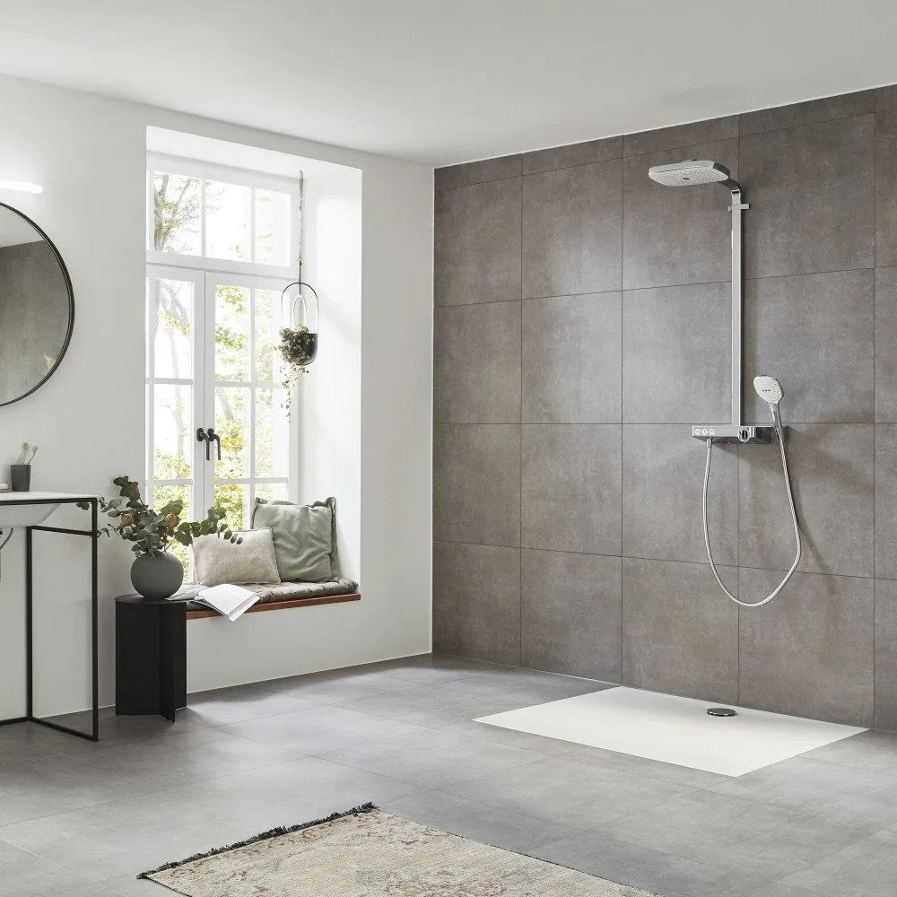 HANSGROHE Raindance Select E Showerpipe nástenný sprchový systém s termostatom ShowerTablet Select 300, horná sprcha 3jet 318 x 190 mm, ručná sprcha 3jet, biela/chróm, 27127400