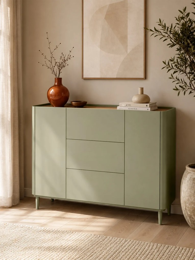 Komoda so zásuvkami Elivo 150 cm na nožičkách - eukalyptus / dub baltic dune