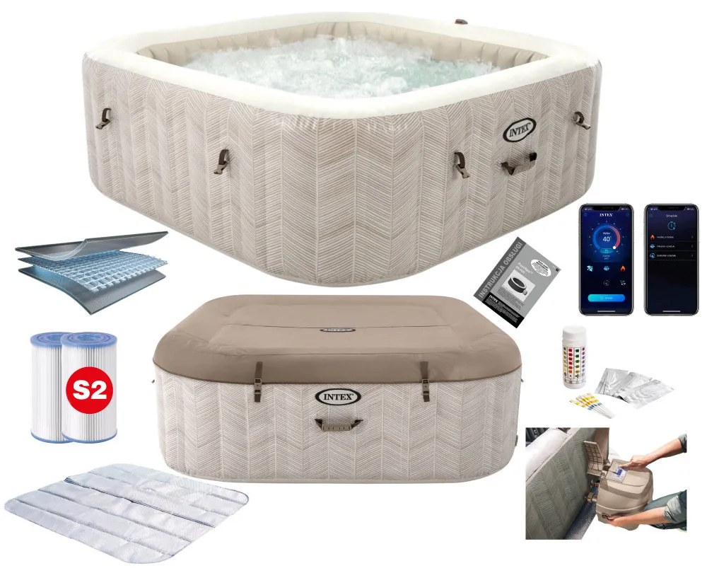 Intex Nafukovacia štvorcová hydromasážna jacuzzi pre 6 osôb 196x71 cm, prémiové príslušenstvo - INTEX 28472