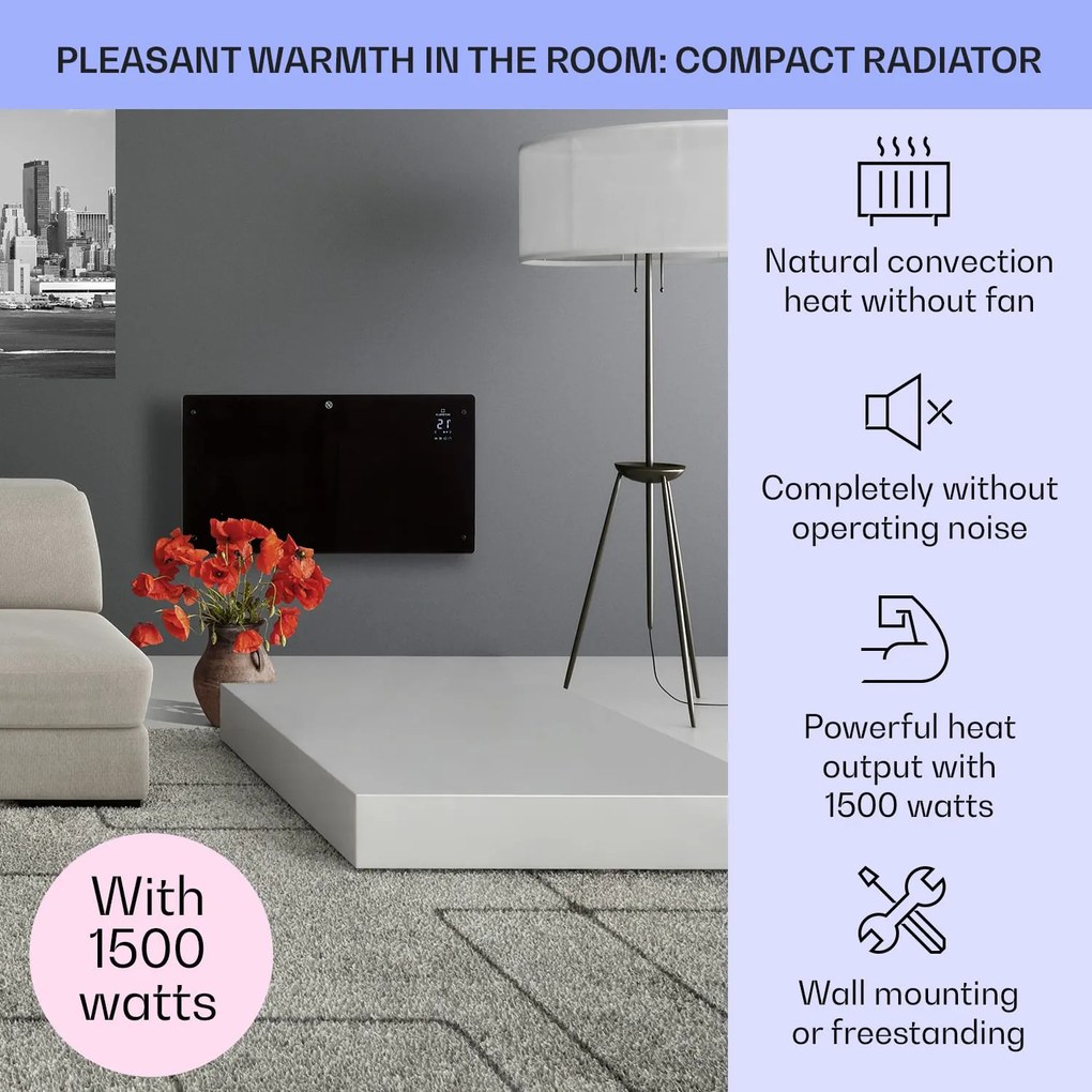 Klarstein Bansin Crystal Smart, konvektor, 1500 W, 5 - 50 °C, ovládanie cez aplikáciu