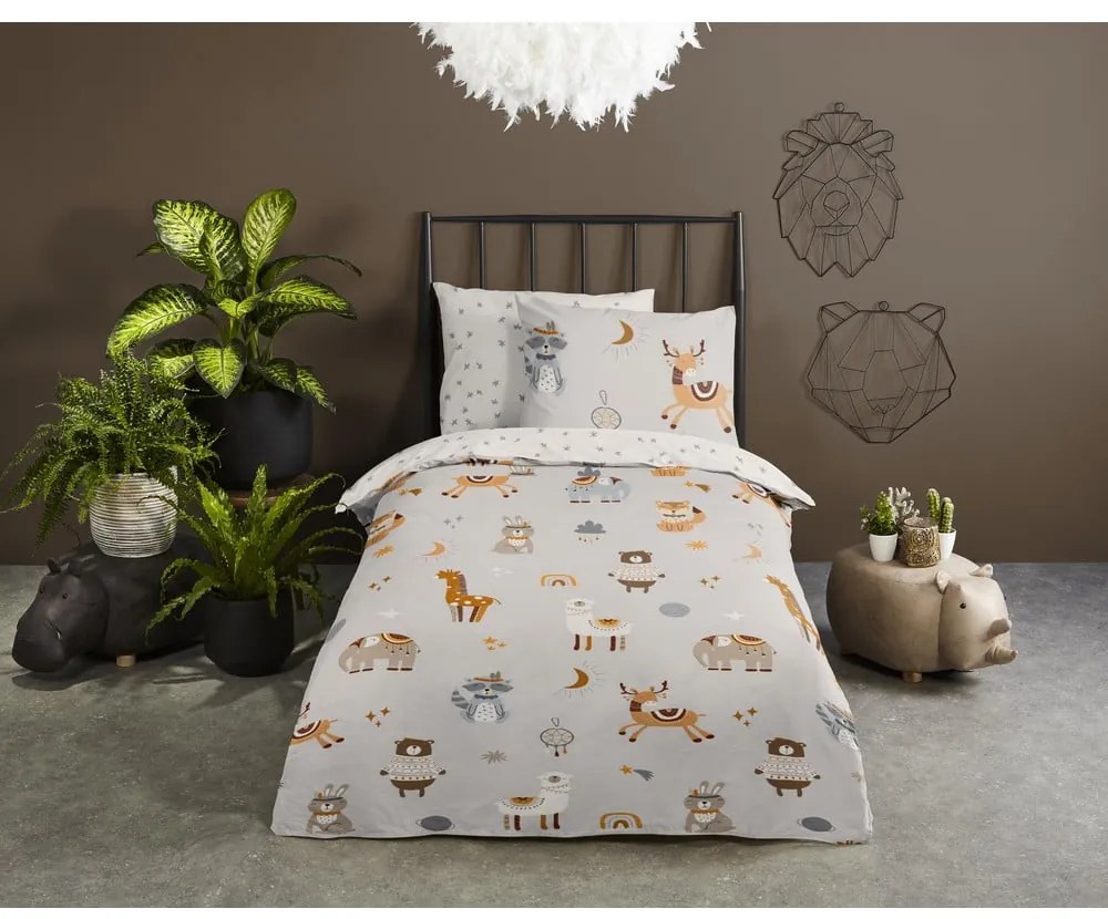 Sivobéžové bavlnené detské obliečky na jednolôžko 140x200 cm Woody – Good Morning