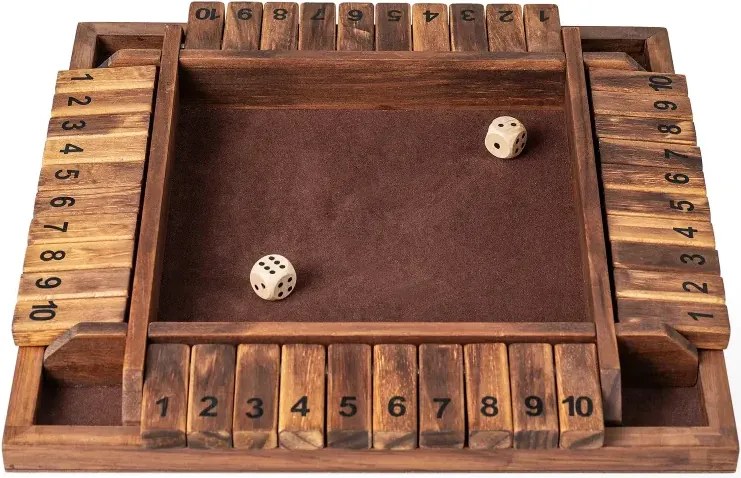 Hra Shut The Box pre 2-4 hráčov, hra s kockami s 2 kockami a pevným borovicovým drevom, hra s klapkami, hnedá