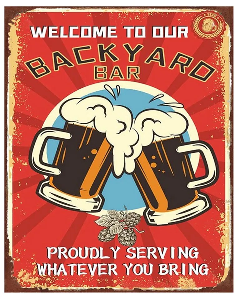 Červená nástenná ceduľa Backyard Bar - 20*1*25 cm
