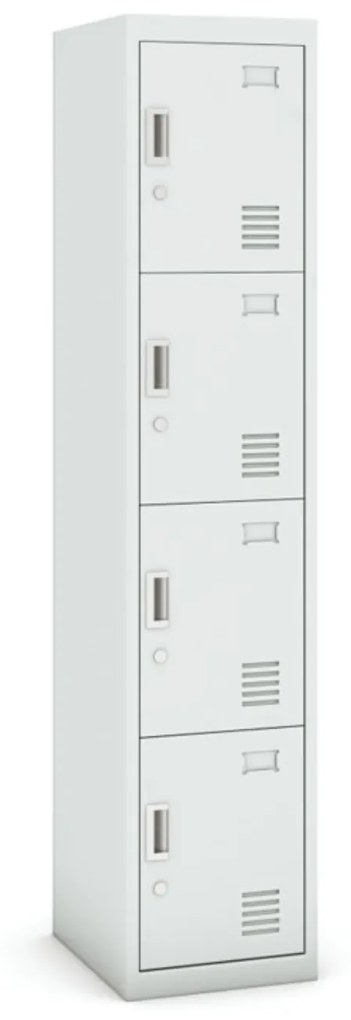 Šatníková skrinka s úložnými boxami, 4 boxy, 1800 x 380 x 450 mm, cylindrický zámok, sivá/sivá