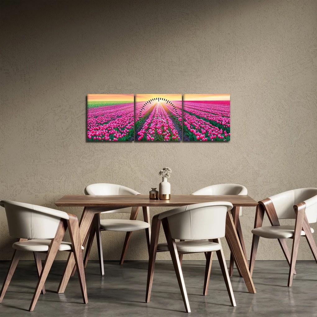 Obraz poľa tulipánov so slnkom (s hodinami) (90x30 cm)