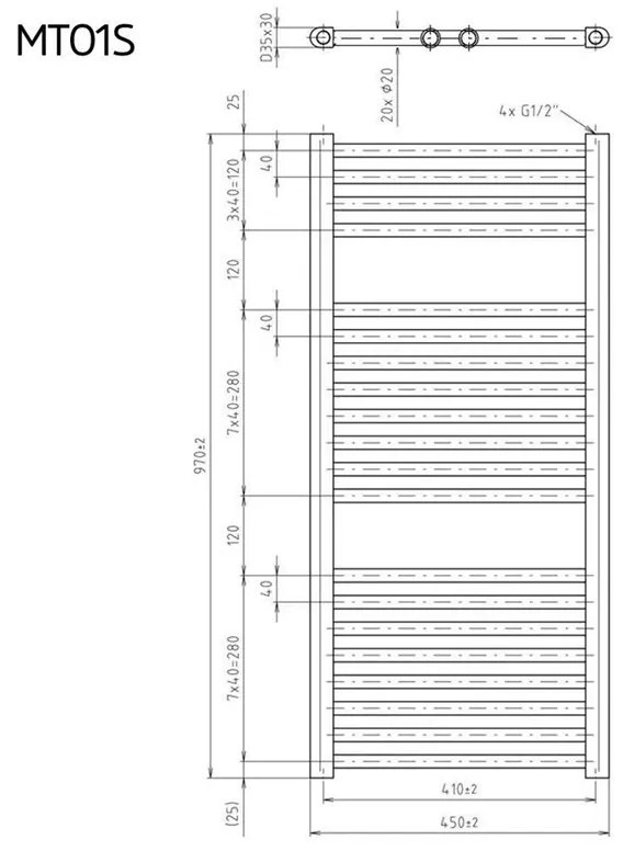 Mereo, Vykurovací rebrík 450x1690 mm, rovný, biely, stredové pripojenie, MER-MT03S