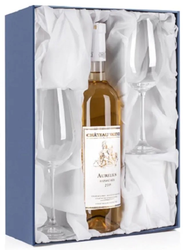 Darčeková krabička na fľašu a 2 vínne poháre Výstielka: modrý satén