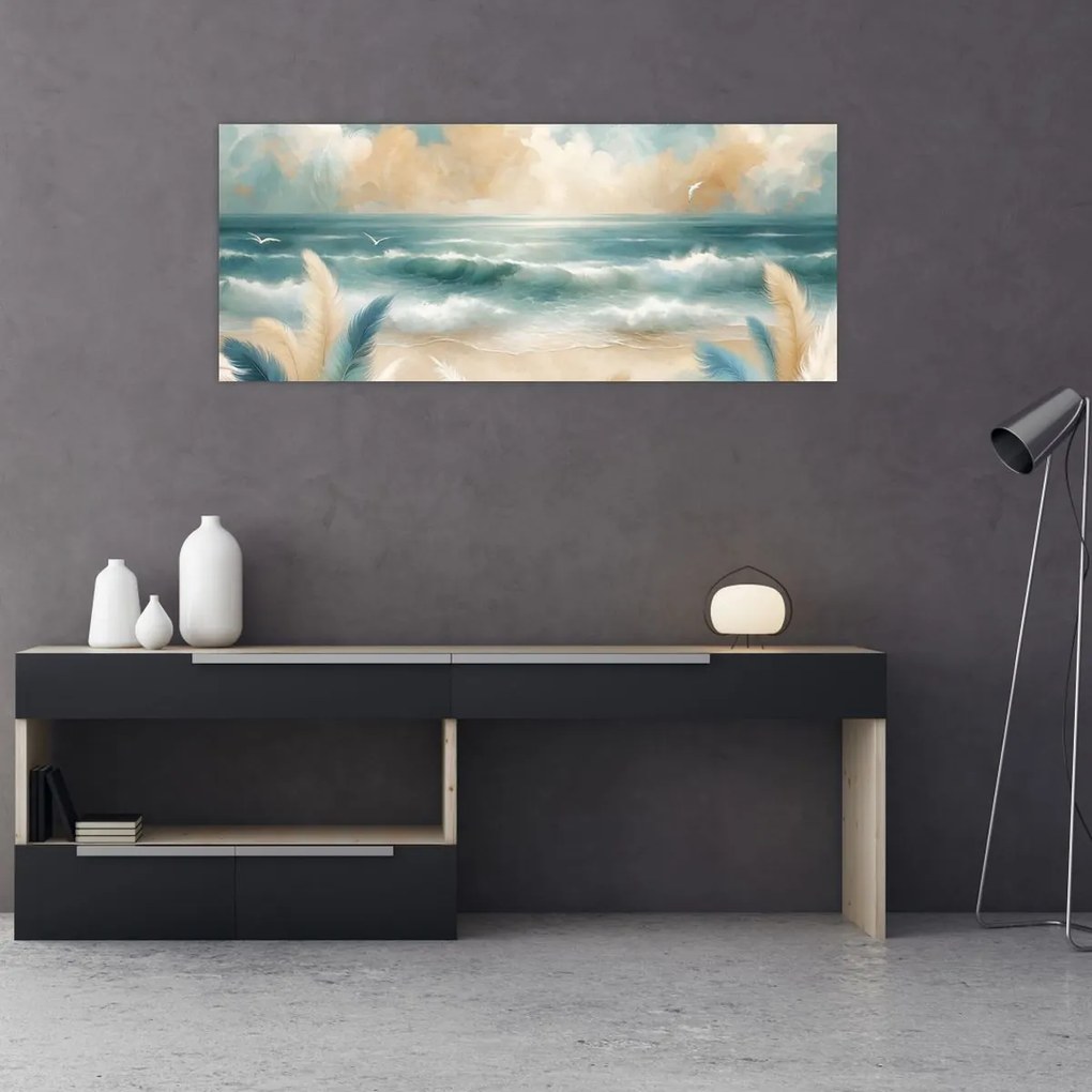 Obraz – Maľovaná pláž v jemných farbách (120x50 cm)