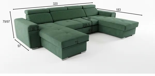 Rozkladacia sedacia súprava SALVADA do U so zeleným poťahom a úložným priestorom