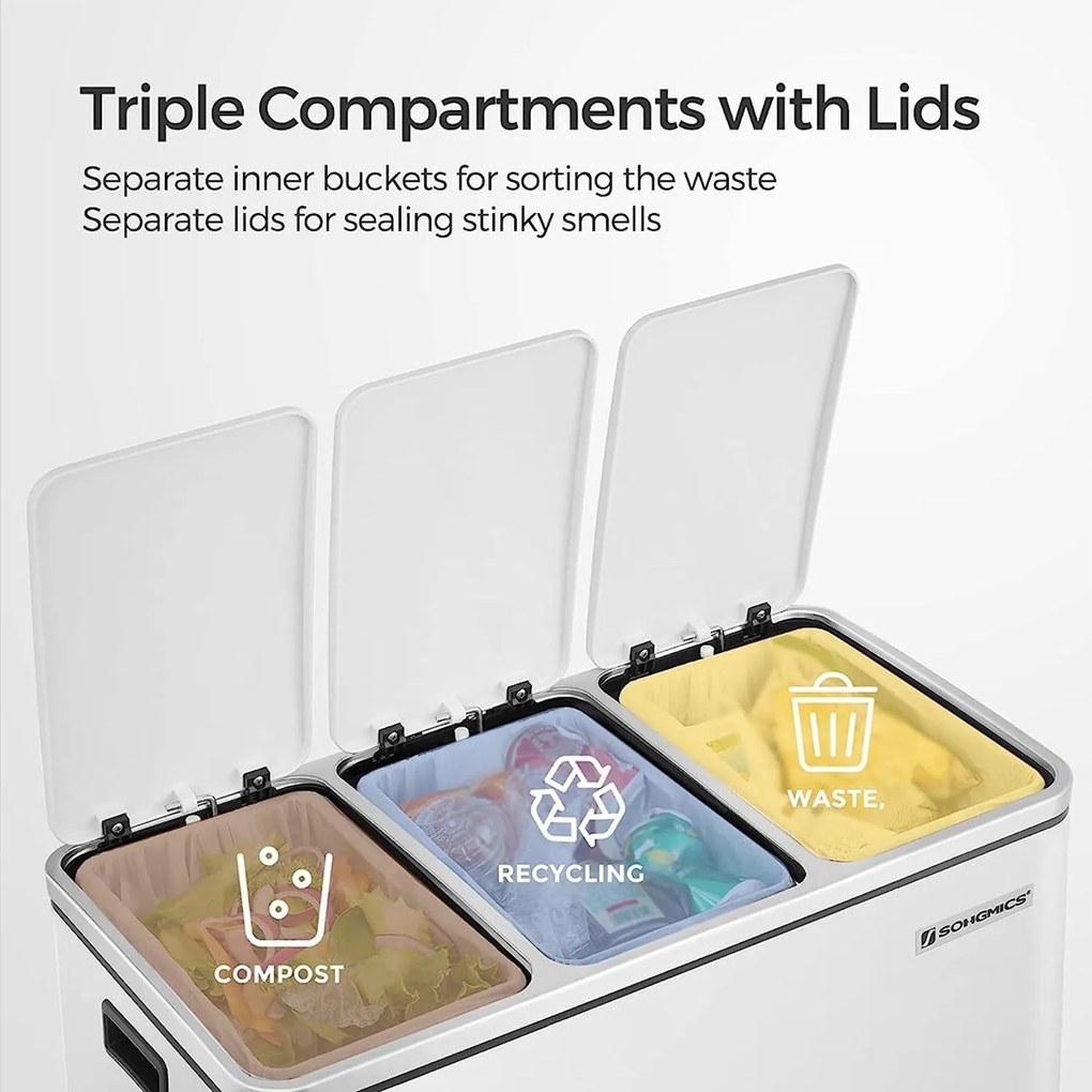 Kuchynský odpadkový kôš, 3 x 18 L, pedálový s 3 priehradkami, biely