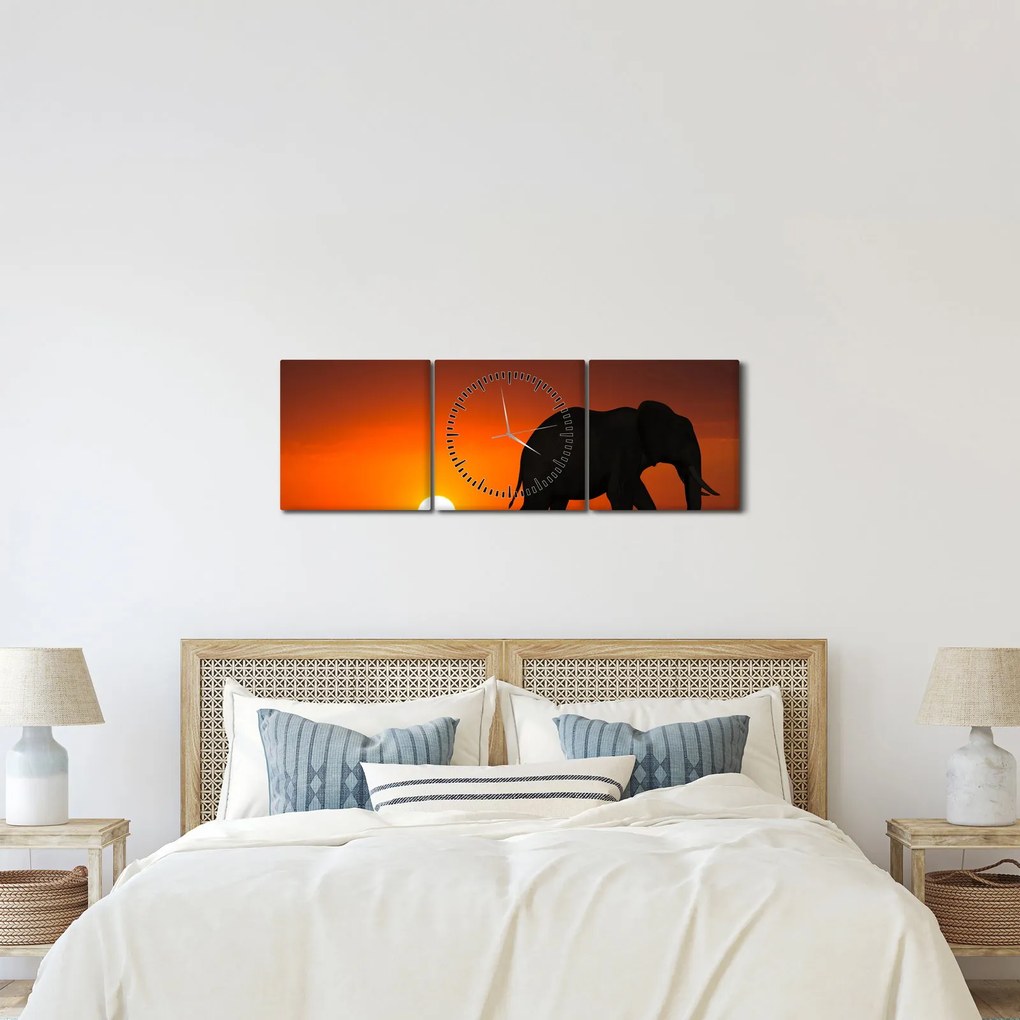 Obraz slona pri západe slnka (s hodinami) (90x30 cm)