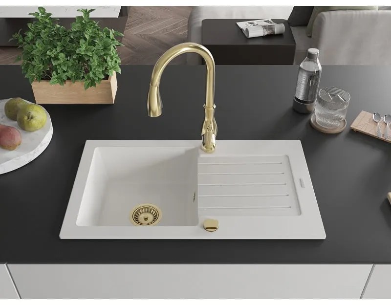 Mexen Pablo, 1-komorový granitový drez 752x436x161 mm a drezová batéria Savita, biela, 6510-20-672601-50