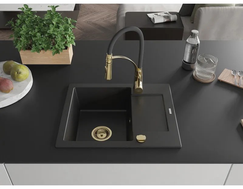 Mexen Enzo, 1-komorový granitový drez 576x465x174 mm a drezová batéria Aster, čierna, 6506-77-73450-57-G