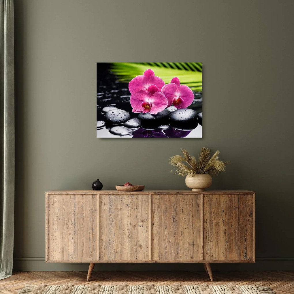 Sklenený obraz - Ružové orchidey s palmovým listom (70x50 cm)