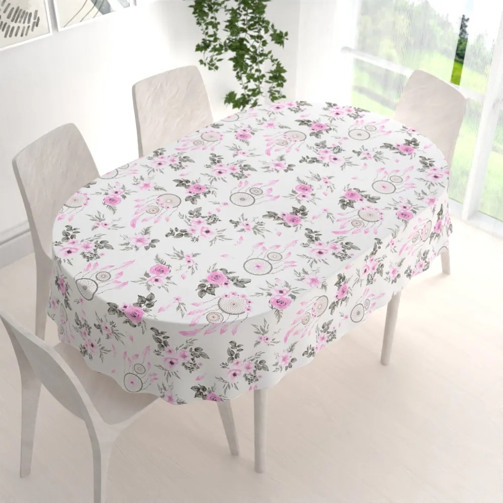 Biante Bavlnený oválny obrus Sandra SA-476 Ružové lapače snov a ruže II. 140x220 cm