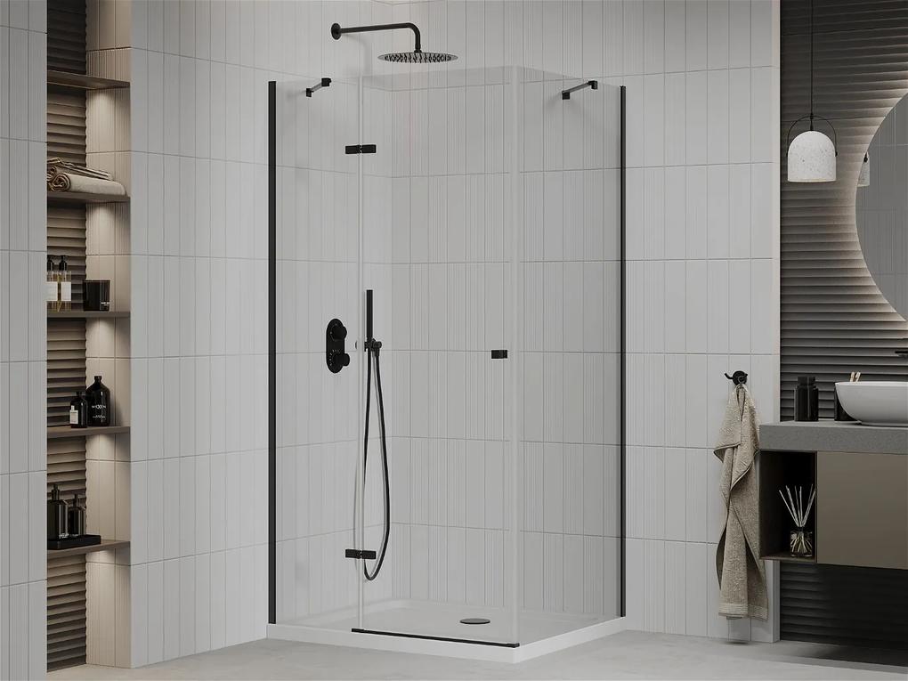 Mexen Roma, sprchovací kút s 1-krídlovými dverami 100 (dvere) x 90 (stena) cm, 6mm číre sklo, čierny profil, slim sprchová vanička 5cm biela s čiernym sifónom, 854-100-090-70-00-4010B