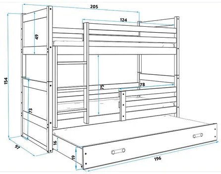 Detská poschodová posteľ RICO 200x90 cm Sivá Biela