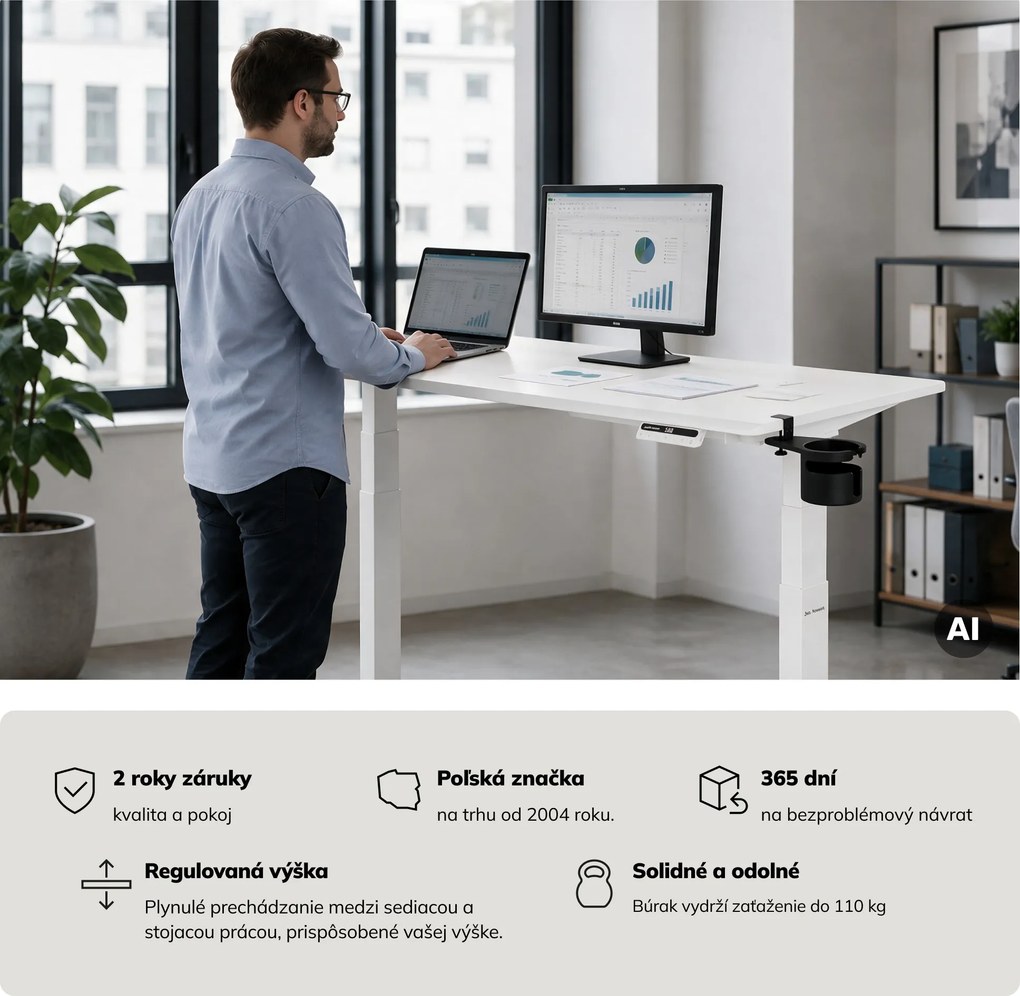 Elektrický stôl s nastaviteľnou výškou ergonomický biely,1400x700 mm: ARIA