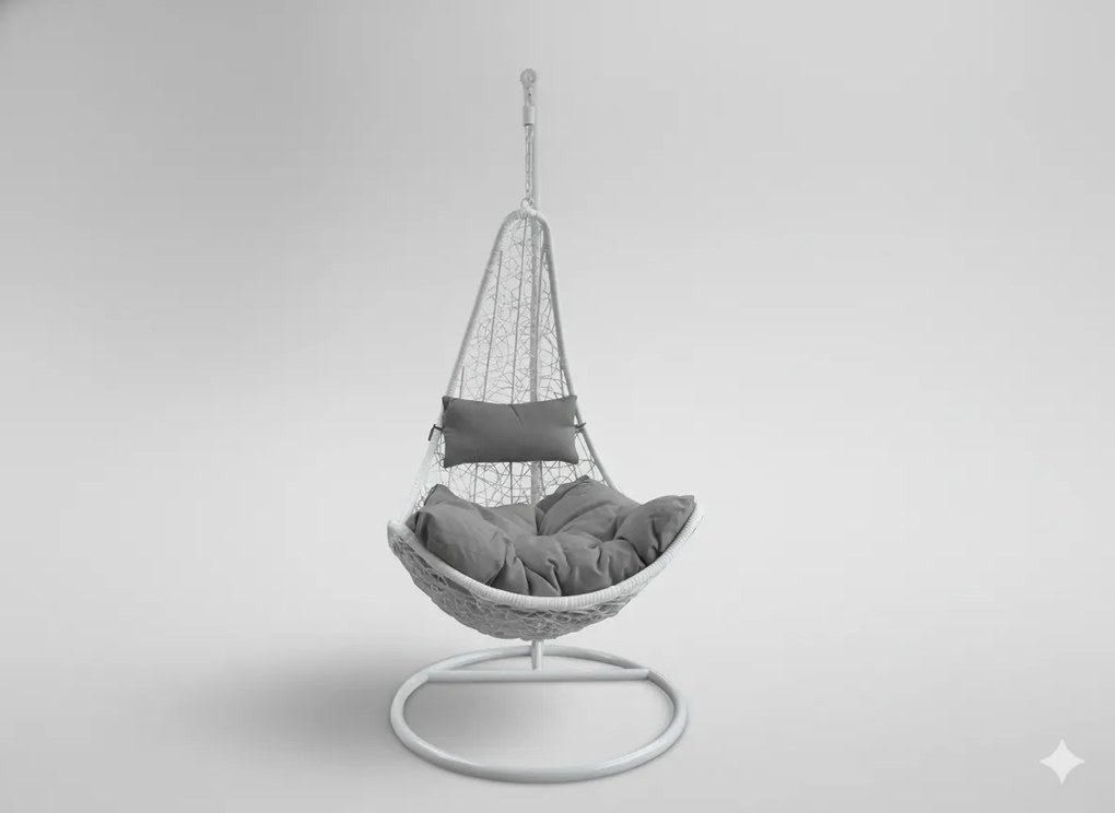 Garden Line BIELA ZÁVESNÁ STOLIČKA, VANKÚŠ – TMAVOSIVÁ, RÁM – BIELY, POLOVICA