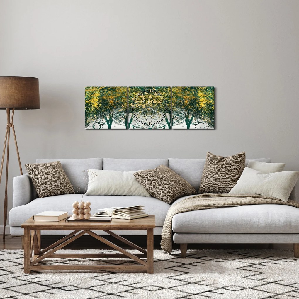 Obraz - Jelene v zelenom lese (s hodinami) (90x30 cm)