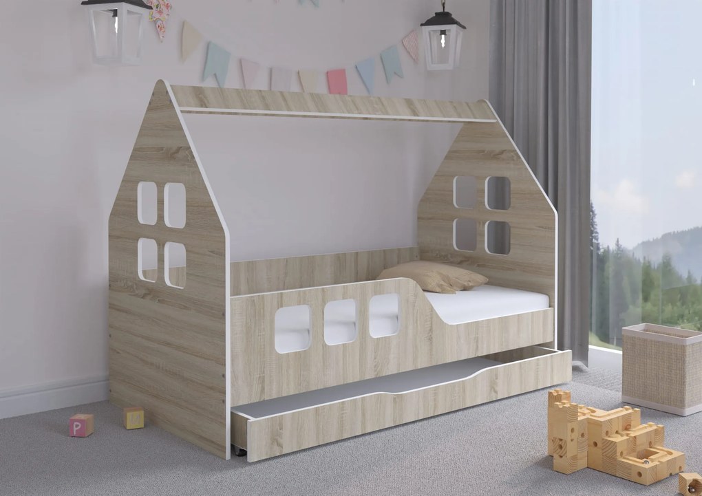 Wooden Toys Detská posteľ DOMEK SONOMA so zásuvkou 160x80 (vľavo)