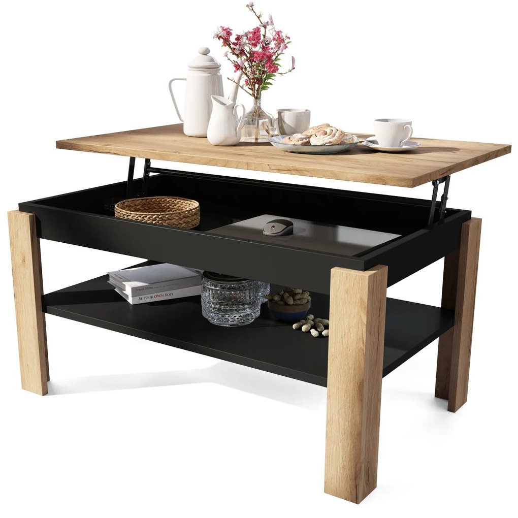 ASTI-P Dub Craft Zlatý/Čierny - moderný konferenčný stolík so zdvíhacou doskou