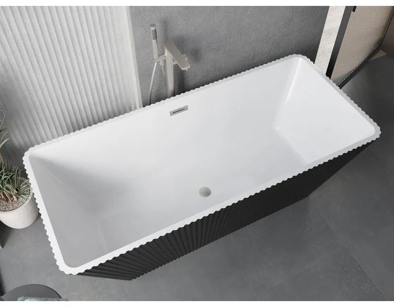 Mexen Tava, voľne stojaca ryhovaná vaňa 170 x 75 cm, biela-čierna, oceľový prepad, 52851707575-97