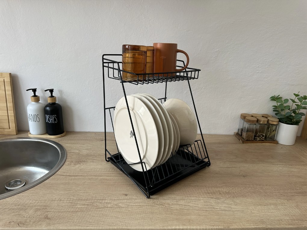 ALTOM Odkvapkávač na riad dvojposchodový, až na 14 tanierov, čierny kov