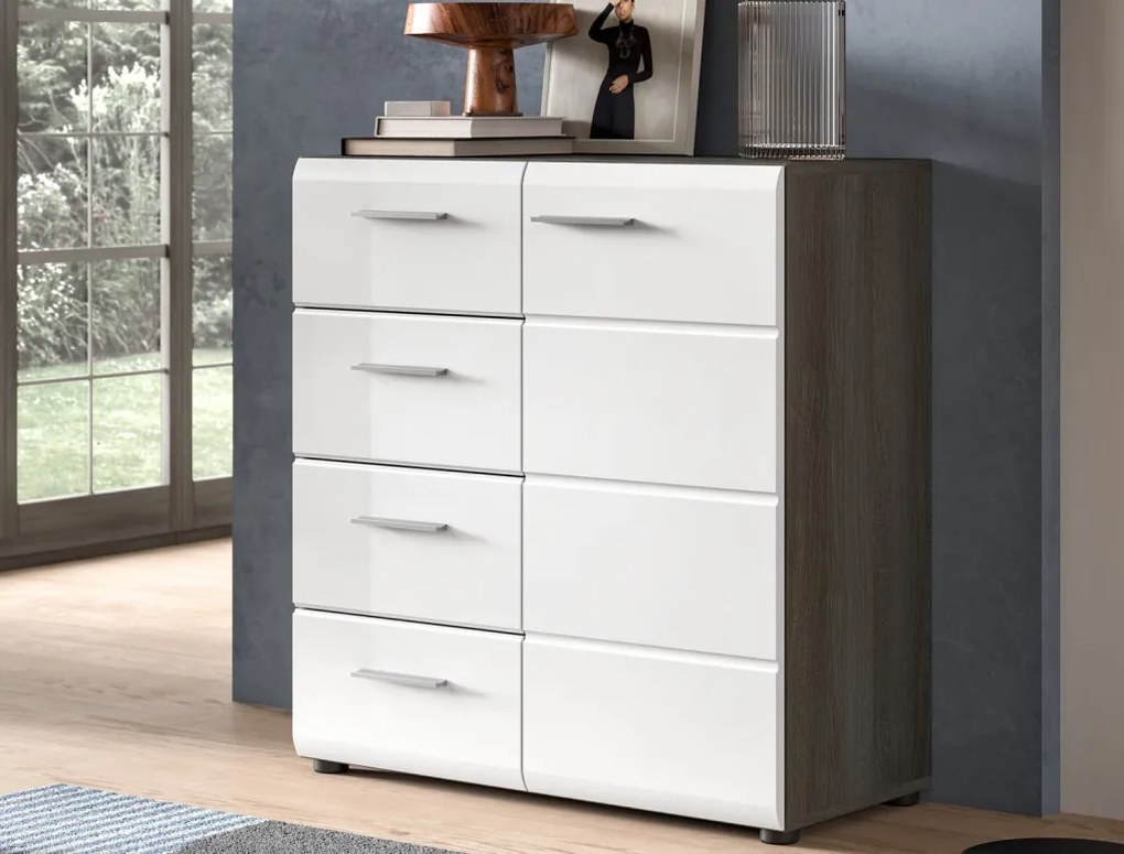 Komoda so zásuvkami Salsa, 80 cm, šedý dub/biela lesk