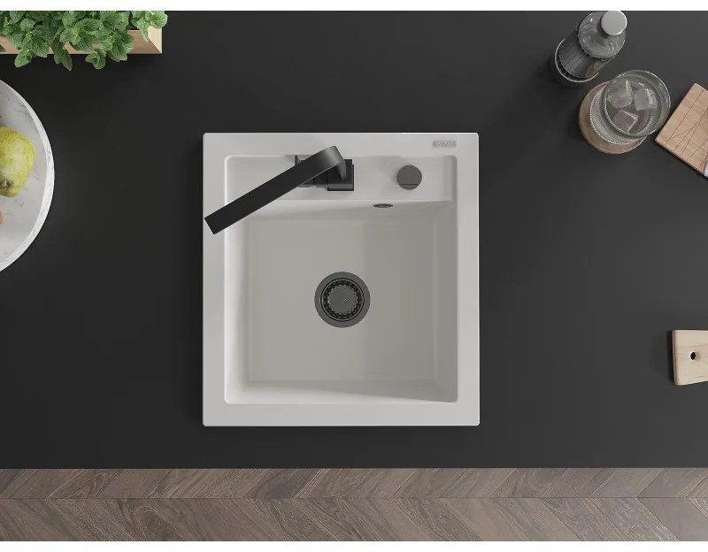 Mexen Vito, 1-komorový granitový drez 520x490x210 mm, čierna batéria Rita, biela, 6503-20-670300-70