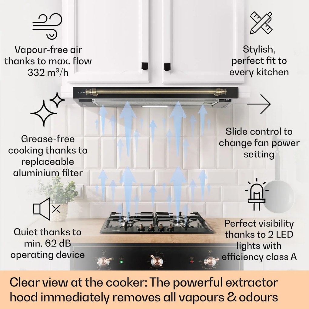 Klarstein Vilhelmine 60 Retro, digestor, 60 cm, vstavaný, 332 m³/h, B, LED, čierny