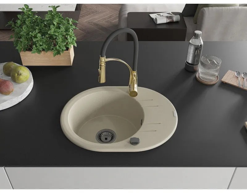Mexen Kevin, 1-komorový granitový drez 586x458x190 mm a drezová batéria Aster, béžová, 6517-69-73450-57-B