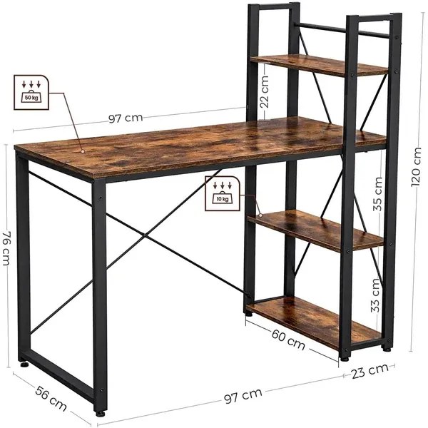 Písací stôl Vasagle Troy 120 cm s policami hnedý/čierny