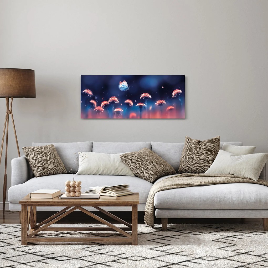 Obraz púpav s modrým motýľom (120x50 cm)